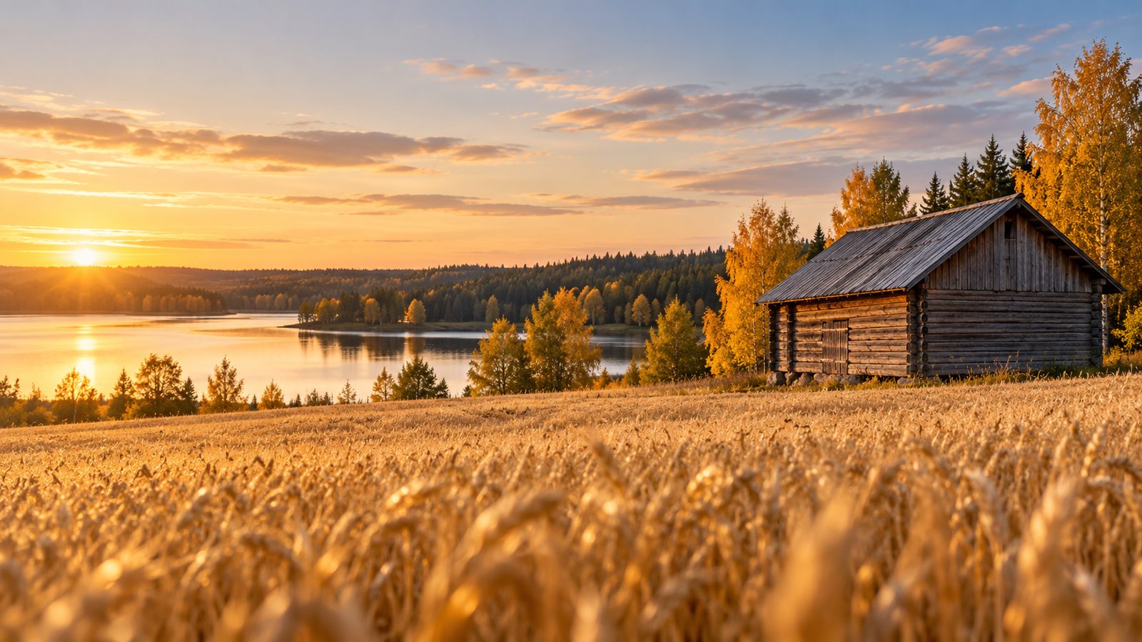 Riihi ja kypsä vehnäpelto järven rannalla syysillan valossa