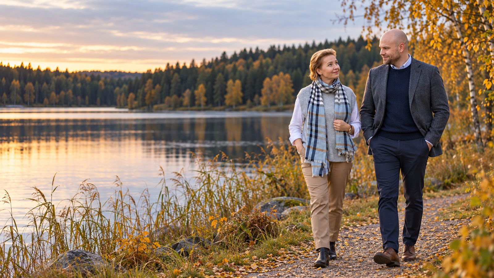 Asianajaja ja asiakas keskustelevat kävellessään järven rannalla syksyllä